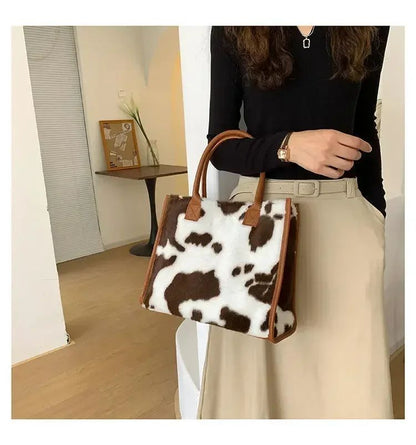 New Women Soft Plush Hand Bag New Winter Leopard Cow Print Tote Bags Female Pu Leather Underarm Bags Furry Fluffy Shoulder Bag