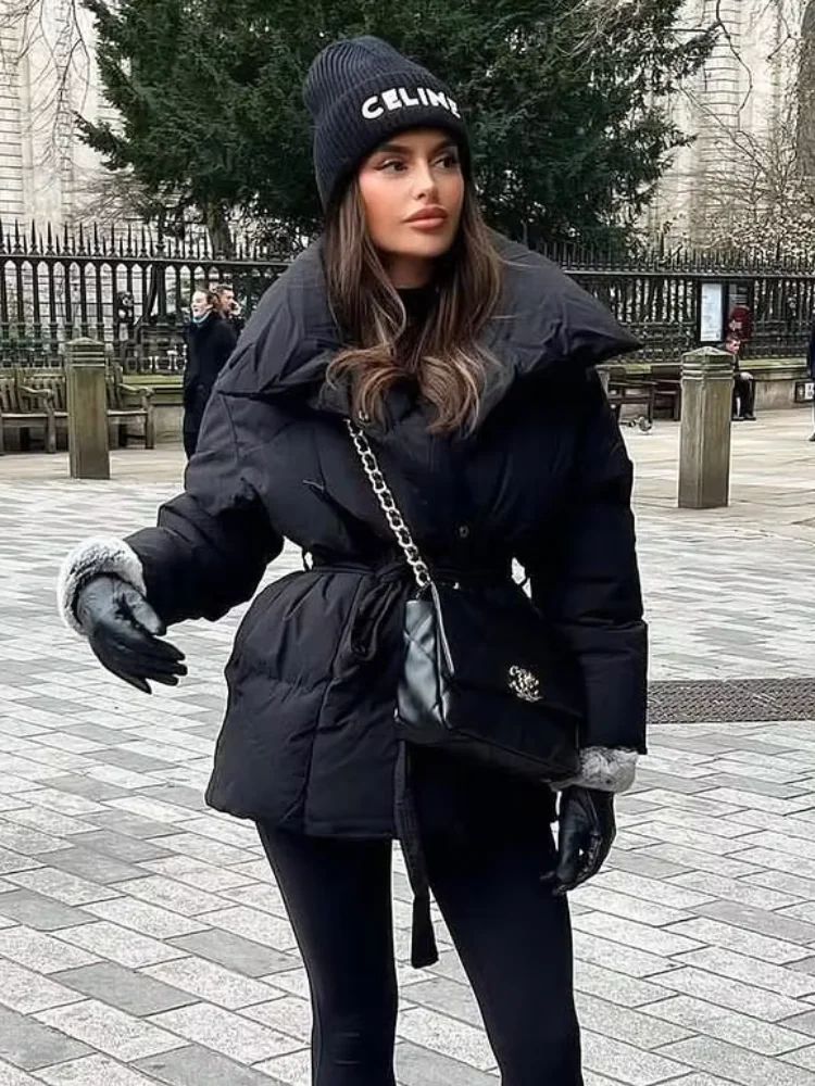 Solid Lapel Lace Up Cotton Coat Women Fashion Long Sleeve Warm Loose Pocket Short Coats Lady New Winter Commute Street Outwears