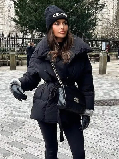 Solid Lapel Lace Up Cotton Coat Women Fashion Long Sleeve Warm Loose Pocket Short Coats Lady New Winter Commute Street Outwears