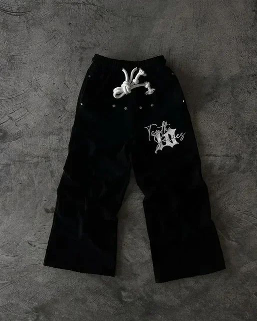 Calça de Moletom Y2K Masculina Feminina Gótica Hip Hop Americana com Patch de Letras Y2K Dupla Camada Larga Elástica na Cintura Calça Jogger Casual