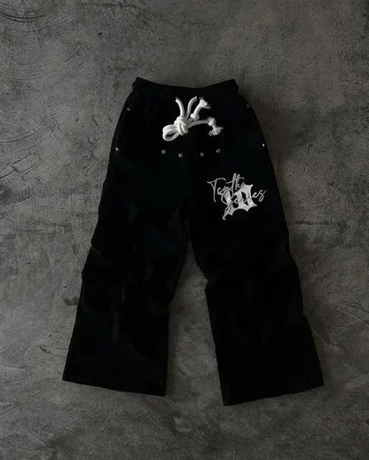 Calça de Moletom Y2K Masculina Feminina Gótica Hip Hop Americana com Patch de Letras Y2K Dupla Camada Larga Elástica na Cintura Calça Jogger Casual