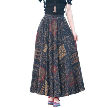 Cotton Linen Skirts for Women Fashion Casual Bohemian Y2k Print Long Skirt Summer Vintage Maxi Bottom Saias Woman Clothes Faldas