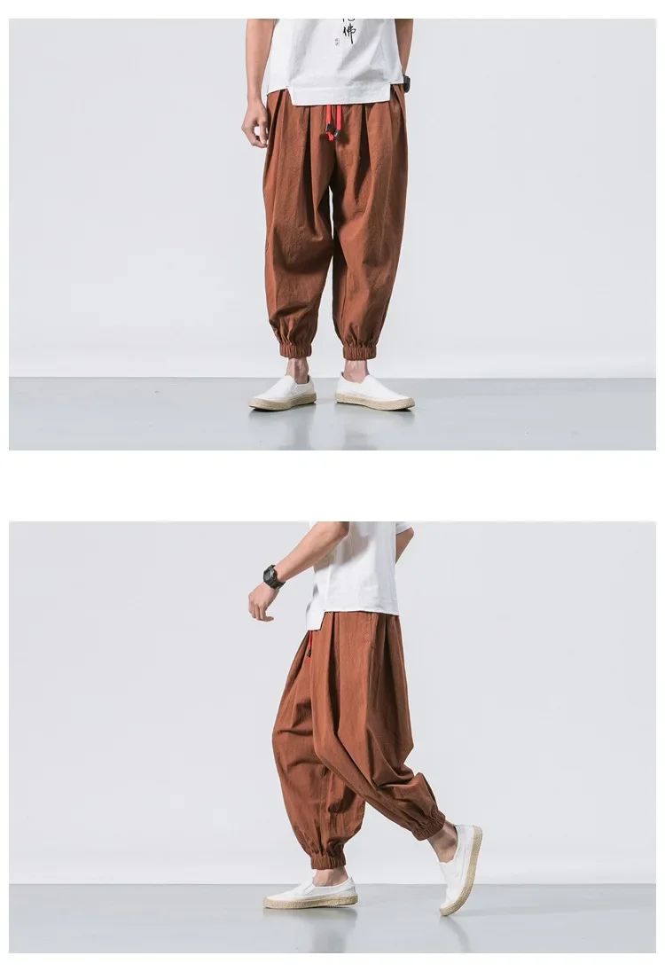 New Trendy Men Harem Pants Loose Oversized Style Cotton and Linen High Quality Jogger Sweatpants Casual Male Trousers