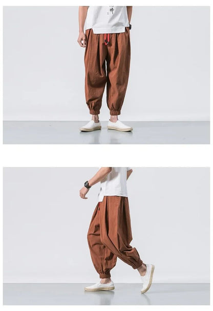 New Trendy Men Harem Pants Loose Oversized Style Cotton and Linen High Quality Jogger Sweatpants Casual Male Trousers