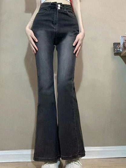 Women Korean Flare Jeans Girls High Waist Elastic Boot Cut Pants Lady Vintage Blue Black Gray Brown Denim Bell Bottom Trousers