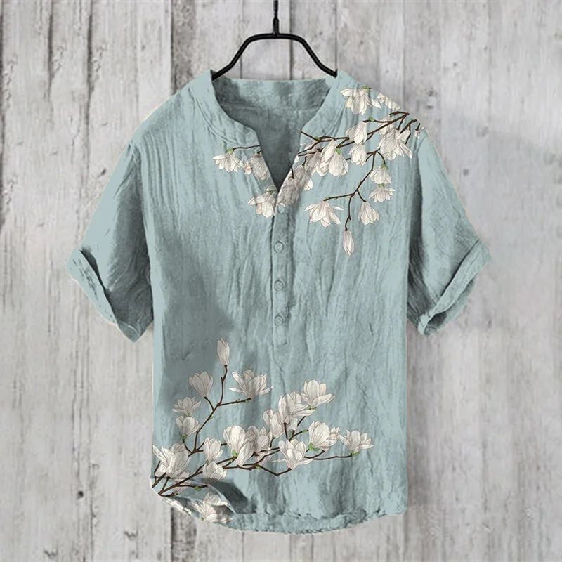 Fashion men's V-neck shirt T-shirt Hawaiian men's printed linen short-sleeved button-down shirt seaside holiday casual shirt