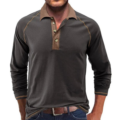American Men's Autumn Long Sleeve Lapel Henley T-shirt POLO Basic Shirt  Mens Tops