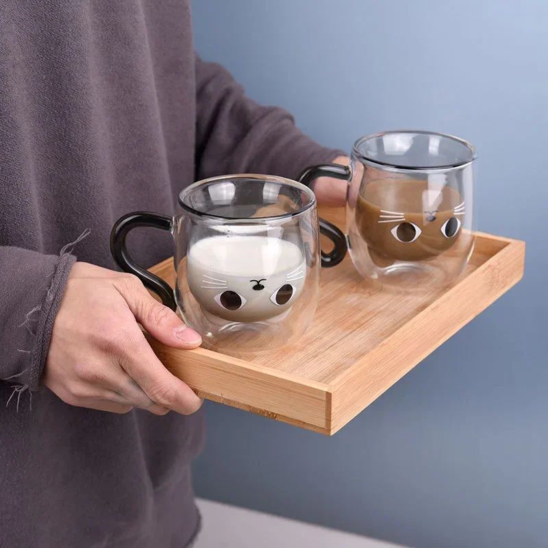 Copo de Vidro de Parede Dupla Gato Criativo 250ml com Alça Copo de Café Fofo Caneca Resistente ao Calor Utensílio de Cozinha para Escritório