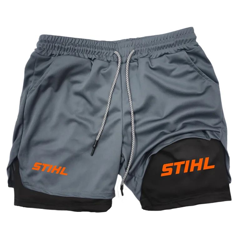 Men's Double Layer Fitness STIHL Shorts Drawstring Mesh Lining Elastic Waist Breathable Quick Dry to Beach Pool Summer Male