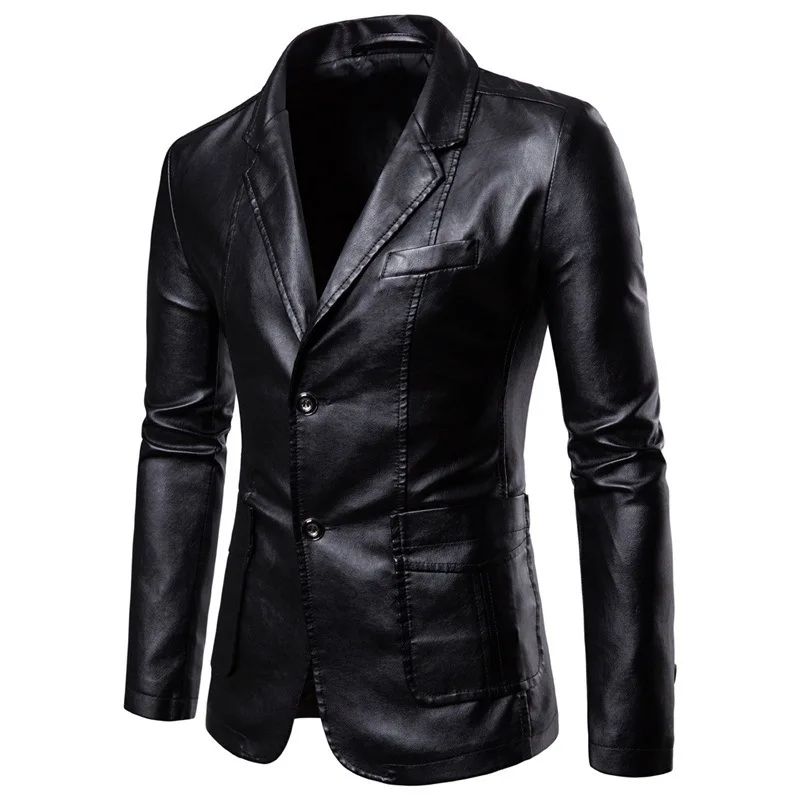 Spring Autumn New Men's Trendy Lapel Leather Dress Suit Coat Slim Fit Windproof Jacket Male Business Casual Pu Blazers Jacket