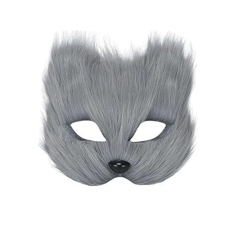 QQ Fluffy Fur and Face Mask Cosplay Halloween Fox Shape Half Face Eye Mask Sexy Cat Hair Animal Mask Christmas Carnival Party Co