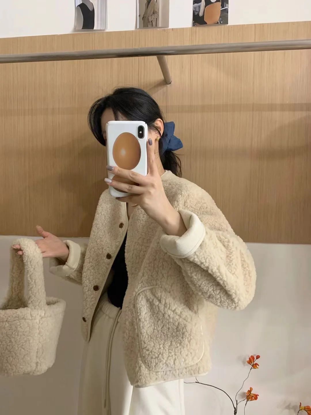 Korean Chic round Neck Single Button Loose Lamb Fur Jacket Winter Elegant Fashion Small Size with Bag Matching Women's Coat