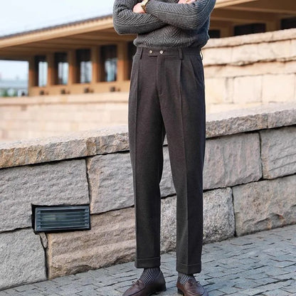 Men's Neapolitan High Waist Autumn Winter Woolen Trousers Straight Leg Drapey No Iron Business Pants Casual Scene