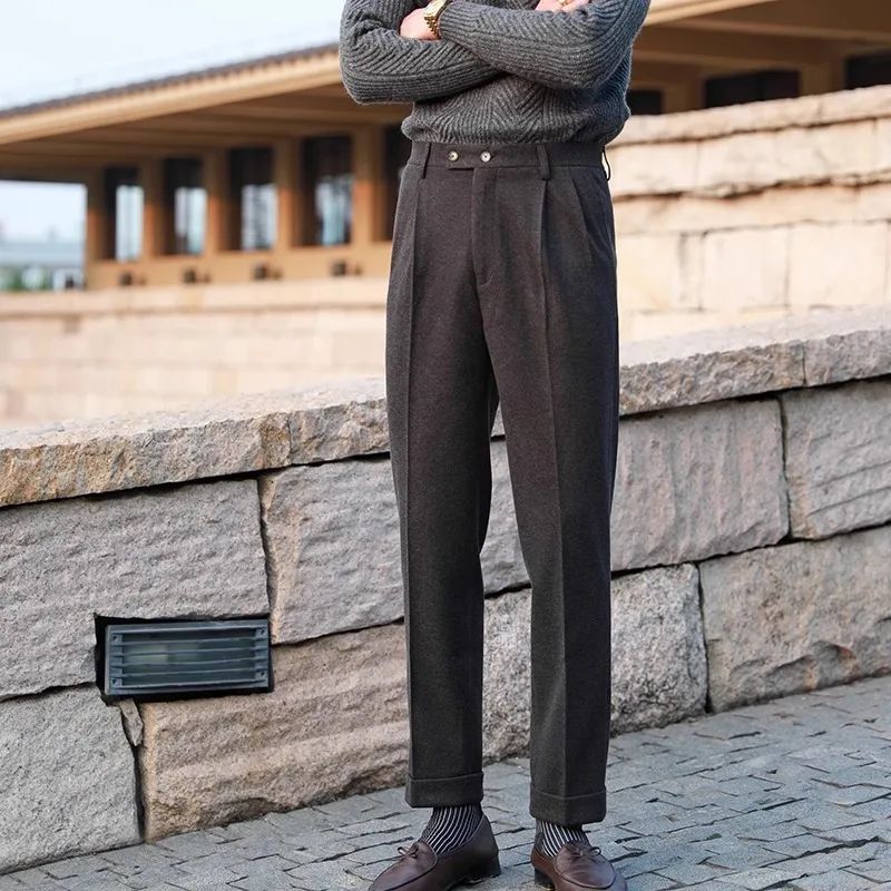 Men's Neapolitan High Waist Autumn Winter Woolen Trousers Straight Leg Drapey No Iron Business Pants Casual Scene