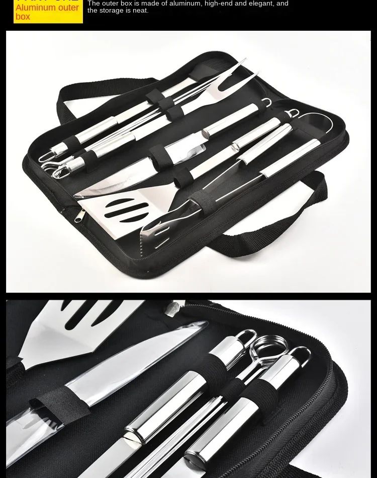 9pcs Portable BBQ tool Kit Outdoor Grill barbecue set Barbecue Set Spatula Clip Skewer With Storage Cloth Bag Grilling Tools