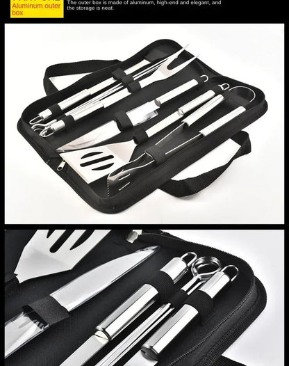 9pcs Portable BBQ tool Kit Outdoor Grill barbecue set Barbecue Set Spatula Clip Skewer With Storage Cloth Bag Grilling Tools