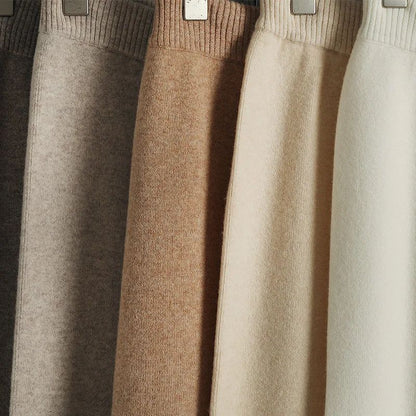 Spring Autumn Women High Waist Wool Wide Leg Pants Solid Soft Warm 100% Merino Wool Knitted Trousers Belt Casual Korean Fashion