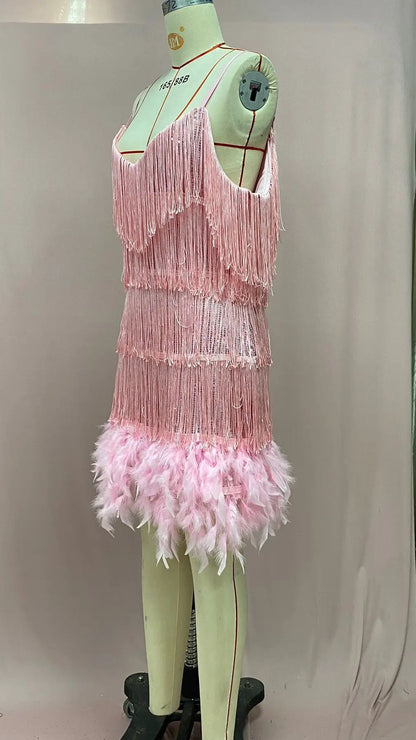 2024 Summer New Fashionable Framed Sequins Feather Patchwork Dress Colorful Amazon Direct Sales Women's Sleeveless Dress