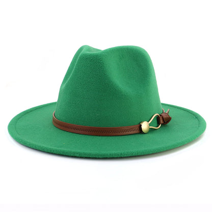 New Brown Belt Buckle Jazz Fedora Hat Autumn Winter Women Men Party Church Top Hat Wide Brim Sun Hat Felt Panama Cap