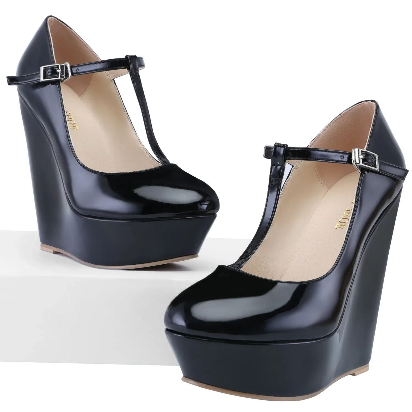 Women Pumps 2025 New Autumn Winter 14cm Round Toes Platform Wedge High Heels T-Strap Gladiator Ladies Dress Party Wedding Shoes