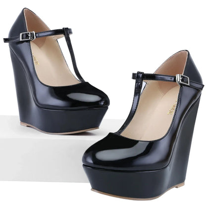 Women Pumps 2025 New Autumn Winter 14cm Round Toes Platform Wedge High Heels T-Strap Gladiator Ladies Dress Party Wedding Shoes