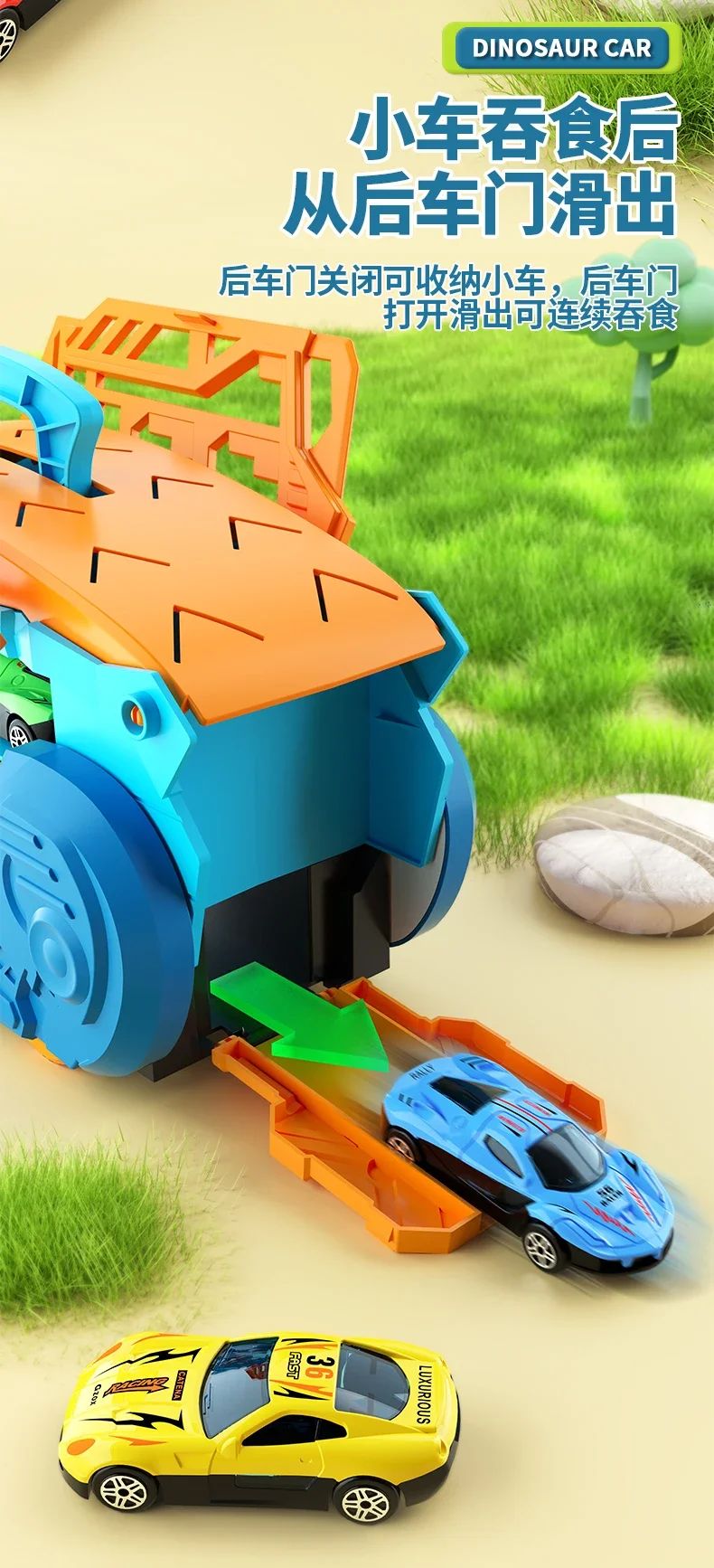 Brinquedo Dinossauro para Crianças Meninos de 3 a 5 Anos, Conjunto de Pista de Carros Caminhão Transportador de Dinossauros com Carrinhos Diecast que se Transformam em Dinossauros