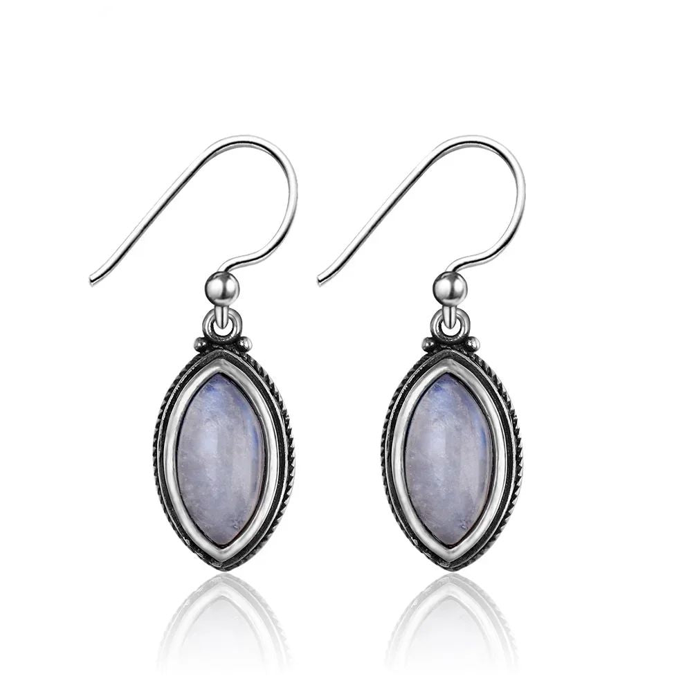 925 Sterling Silver Earrings Natural Moonstone 6*12mm Drop Earrings Retro Silver Vintage Eye Shape Fine Jewelry Gift For Women
