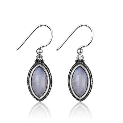 925 Sterling Silver Earrings Natural Moonstone 6*12mm Drop Earrings Retro Silver Vintage Eye Shape Fine Jewelry Gift For Women
