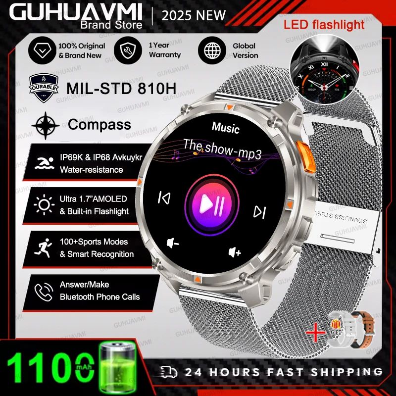 New Outdoor Ultra Durable Men Smartwatch Heart Rate Bluetooth Call 5ATM Waterproof Sport Smart Watch 1100mAh Battery Custom dial