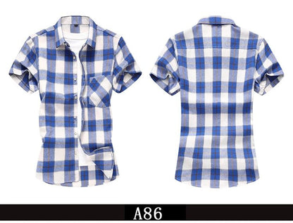 2025 new red summer men's shirts short-sleeved plaid fat big yards youth casual shirt.