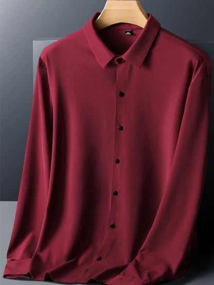 Stretch Elastic Stripe Men's Shirt Long Sleeve Classic Blouse Male Elegant Work Big Size Plus Large High Quality Ice Silk Social