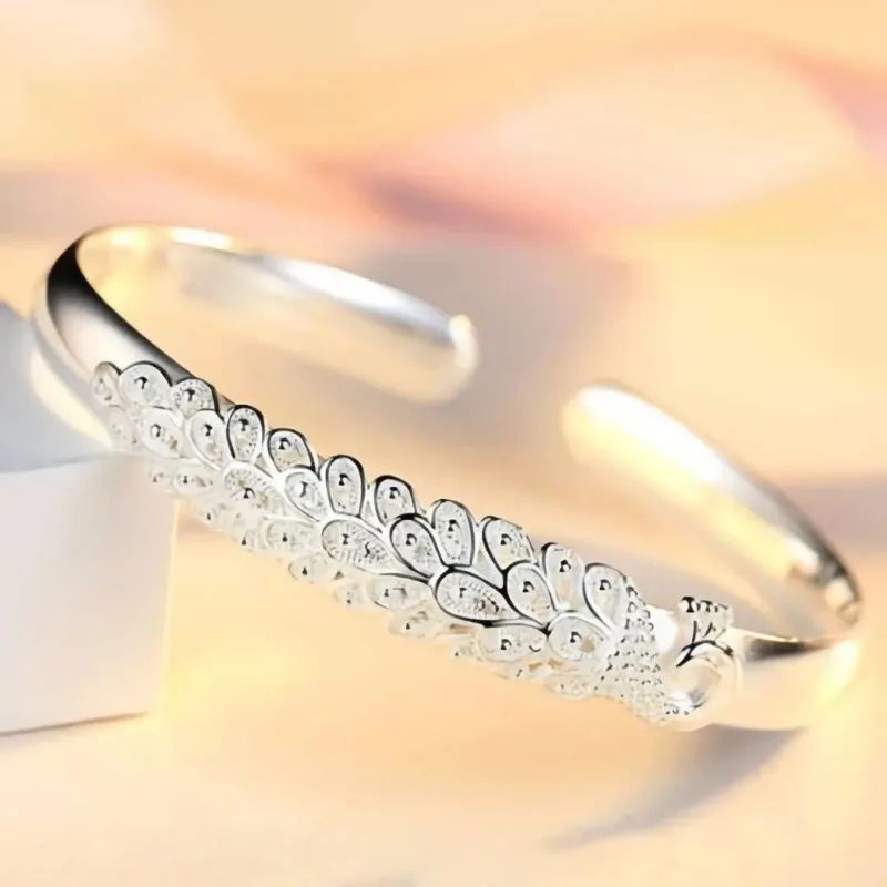 Pulseira Feminina Pavão Vazado de Prata Esterlina 925 Textura de Luxo Aberta Presente de Joias Originais para Festa