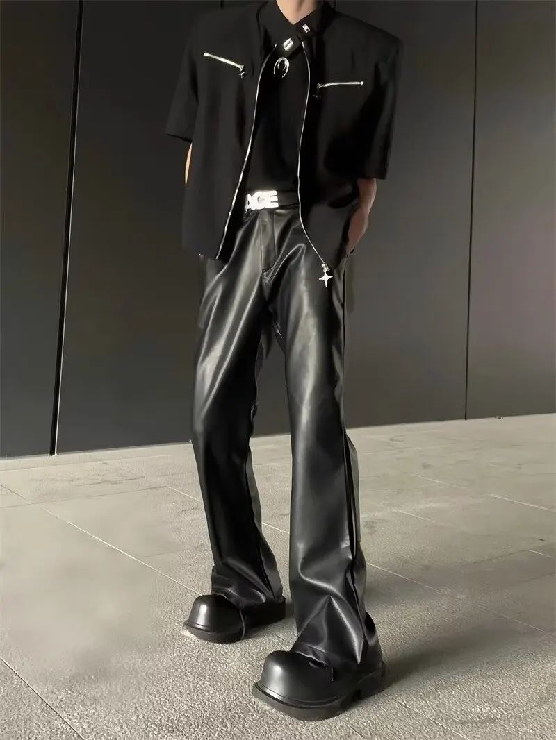 American Retro High-End PU Leather Casual Pants Men's Niche Design Loose Wide Leg Versatile Long Trousers