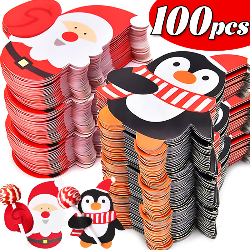 Christmas Lollipop Paper Cards Cartoon Santa Claus Penguin Snowman Kids Candy Gifts Package Wrapping New Year Party Decoration