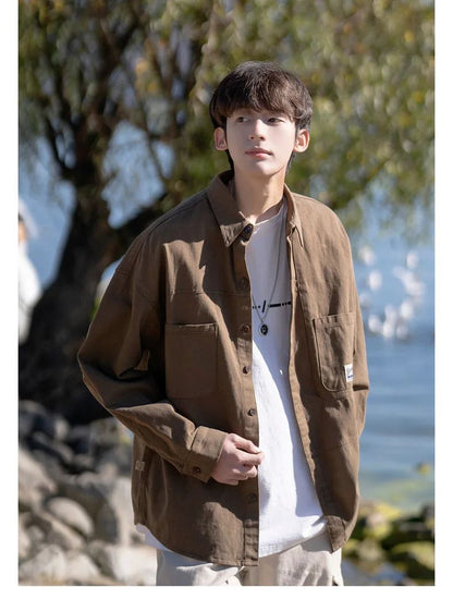 Japanese Series Men's Shirts Casual Vintage Cargo Jacket Top Spring Autumn Solid Blouses Single Breasted Male Clothes Streetwear