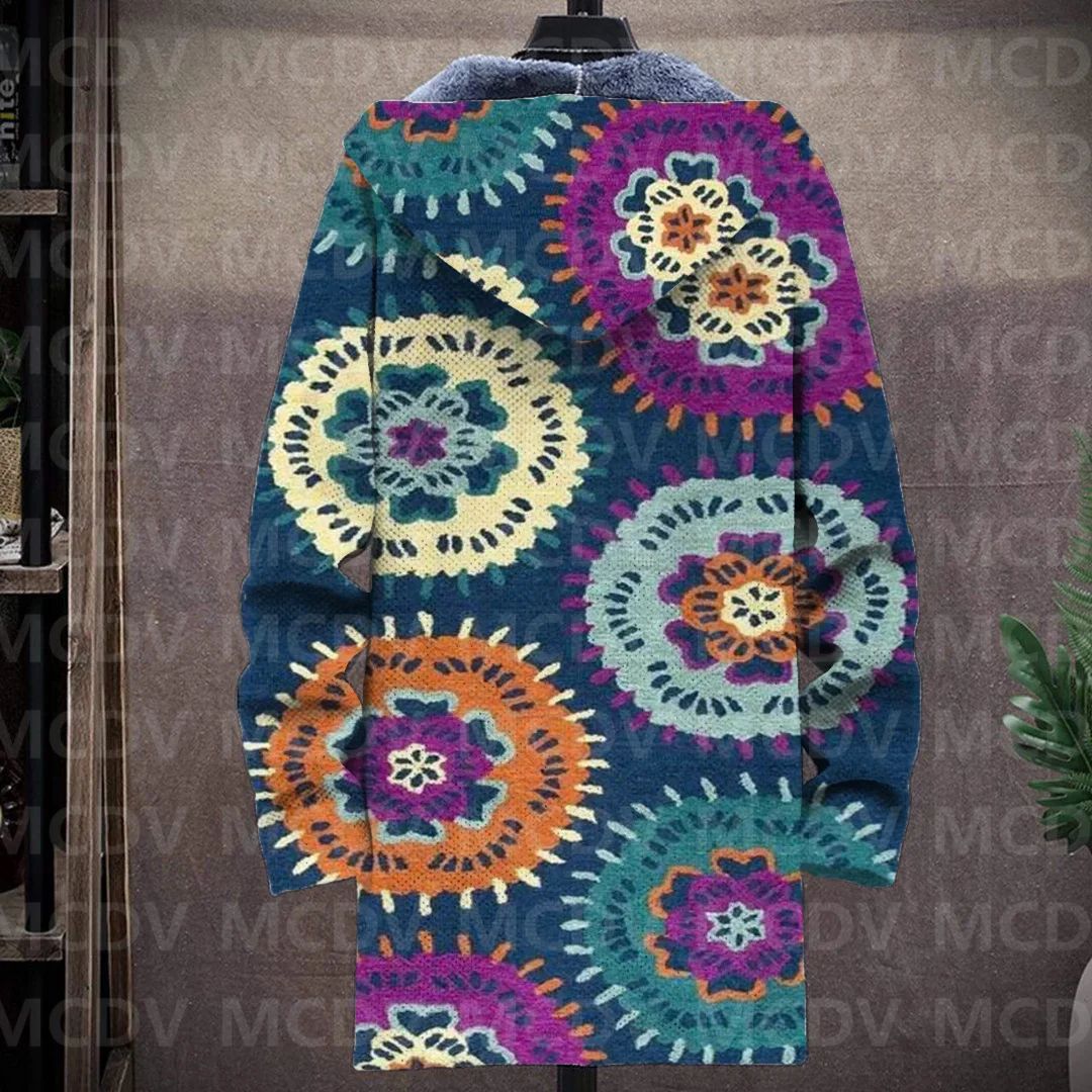 Men's Retro Flower Print Plush Thick Long-Sleeved Coat Fleece Hooded Overcoat Unisex Thick Warm Jacket-12 style