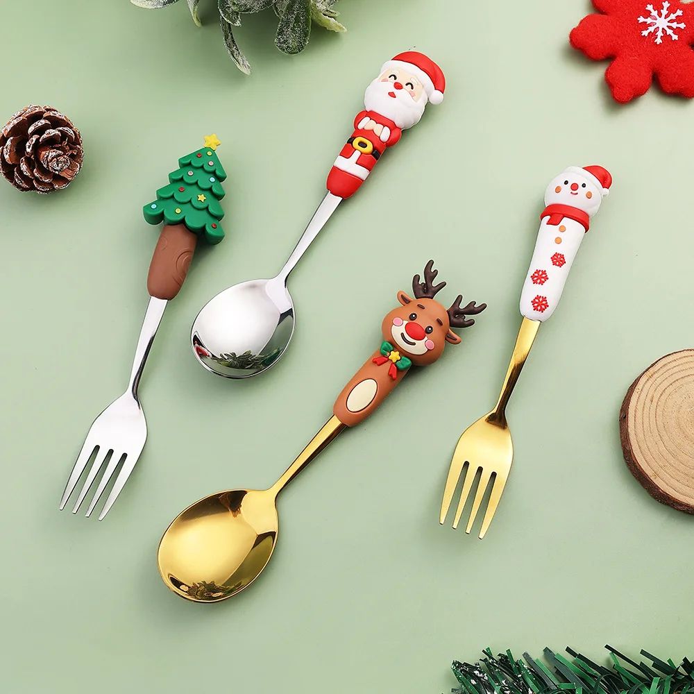 4PCS Christmas Cutlery Set Playful Silver Spoon and Fork Combination Reindeer and Christmas Tree Decorative Cutlery Gift Box