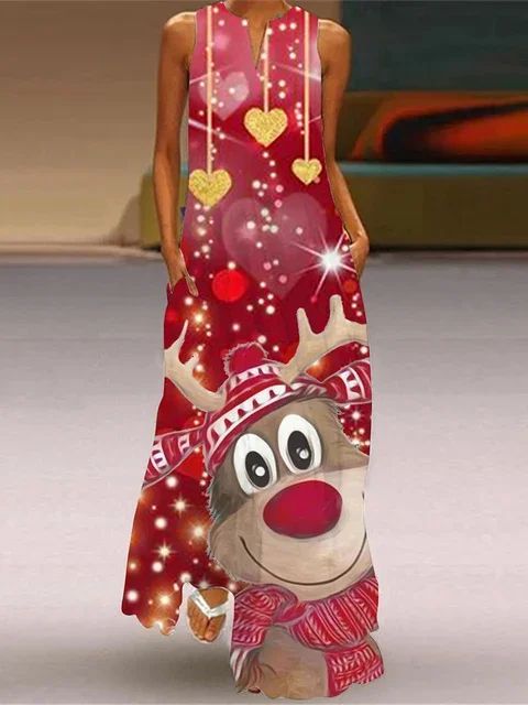 Christmas Dress For Womens Cute CartoonChristmas Element Pattern Print Maxi Dress Sexy Sleeveless V-neck Casual Long Dress Robe