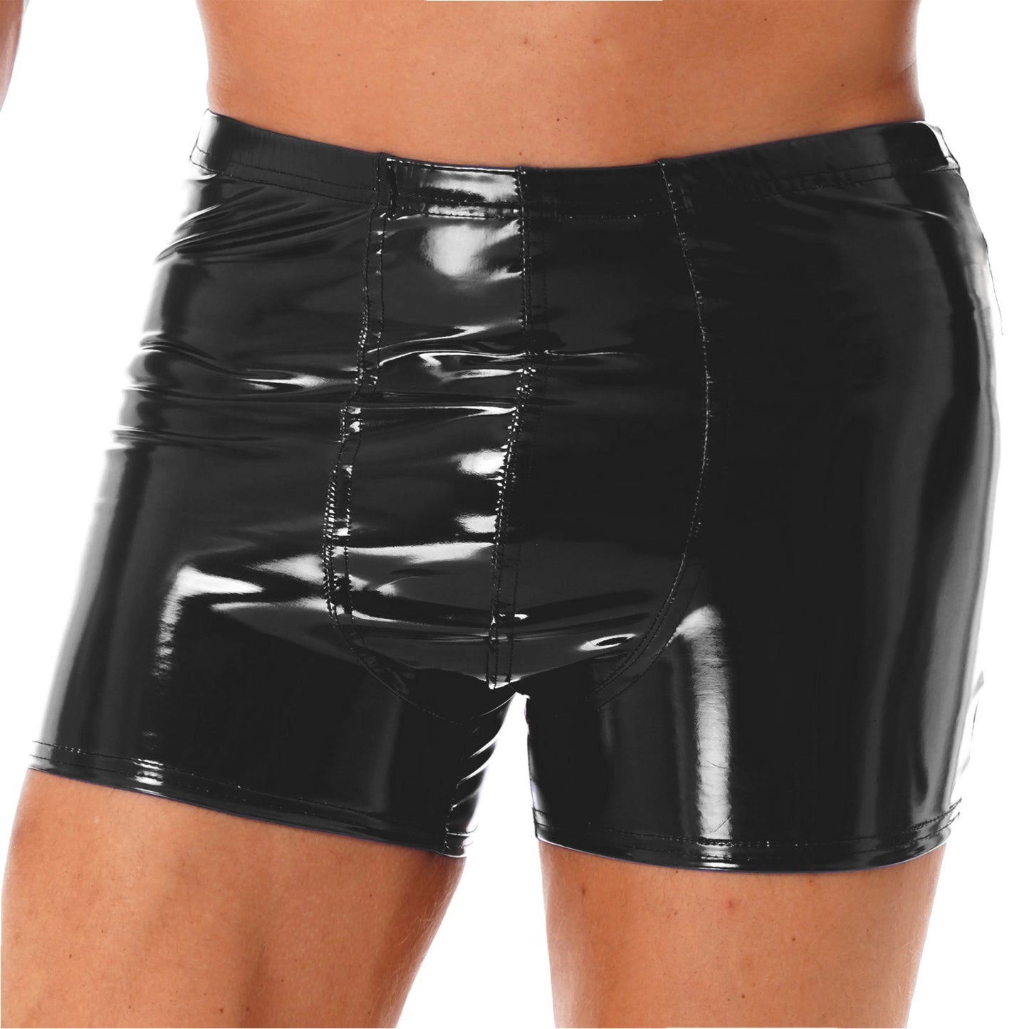 Mens Patent Leather Shorts Dance Performance Clubwear Wet Look Pants Elastic Waistband ShortsBulge Pouch Boxer Briefs Shorts