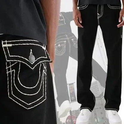 Trend Buddha Baggy Pants Hip Hop Streetwear Black Jeans Fashion Embroidered Y2k Gothic Straight Leg Wide Leg Jean Men Clothing