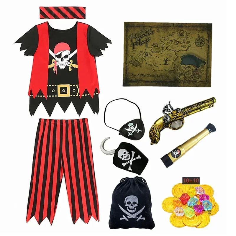 Boys Pirate Skull Dress Up Clothes Kids Printed Striped T-Shirt Pants Partywear Captain Jack Adventure Pirate Toys Gifts