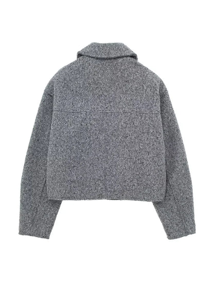 Willshela Women Fashion With Pockets Grey Front Zipper Jackets Vintage Lapel Neck Long Sleeves Female Chic Lady Outfits