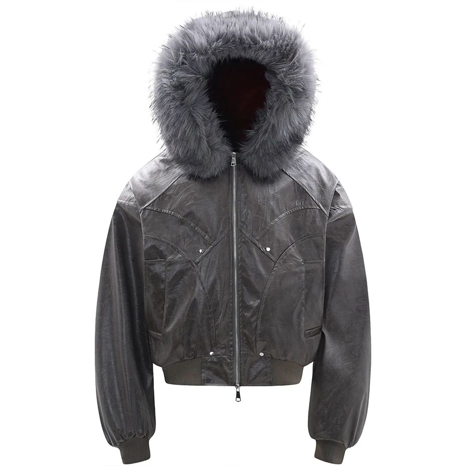 Vintage Men Winter Jackets Fur Collar Fleece Warm Parkas Coats Streetwear Harajuku Leather Jackets Casual Padded Jackets Outwear