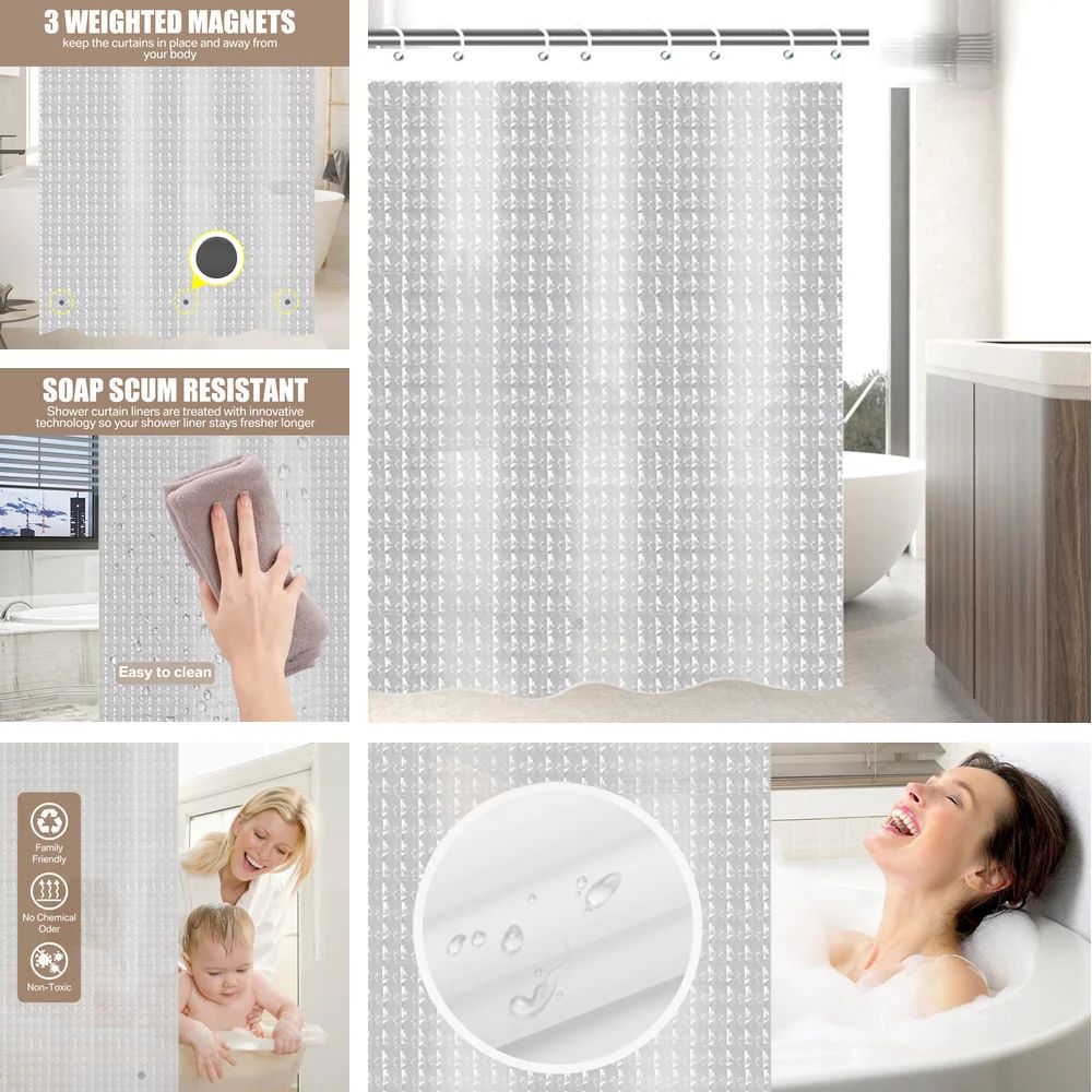 Clear Shower Curtain PEVA Transparent Bathroom Liner Waterproof 180x200CM Bath Curtains Bathroom Mould Proof Curtains with Hooks