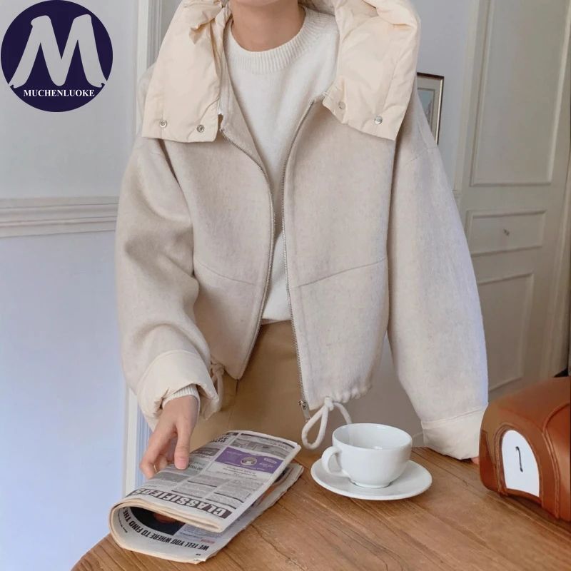New Coats and Jackets Autumn Winter New Elegant Hooded Detachable Lace Up Short Woolen Coat Korean Fashion Casual Loose Jackets