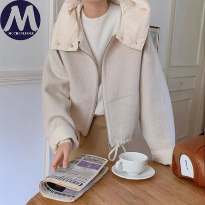 New Coats and Jackets Autumn Winter New Elegant Hooded Detachable Lace Up Short Woolen Coat Korean Fashion Casual Loose Jackets