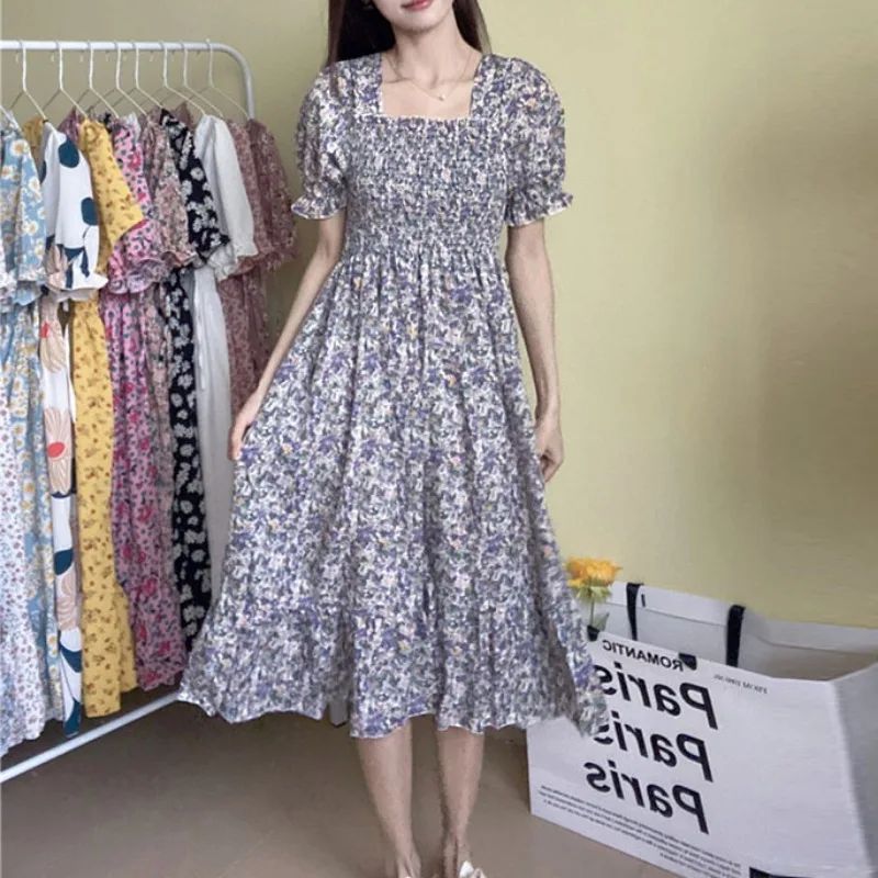 Spring Summer Elastic Waist Chiffon Dress Women Casual Dresses Fashion Female  Vestidos Short Sleeve Pleated A-line Dresses