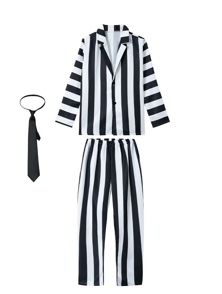 Miccosts Adult Kids Black and White Vertical Stripes Jacket Suit With Tie Halloween Infernal Master Cosplay Costume For Boy Men