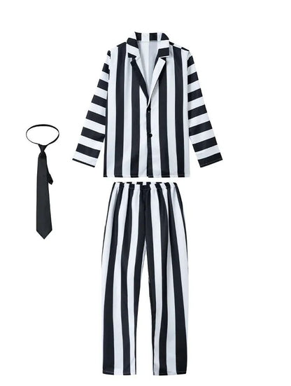 Miccosts Adult Kids Black and White Vertical Stripes Jacket Suit With Tie Halloween Infernal Master Cosplay Costume For Boy Men