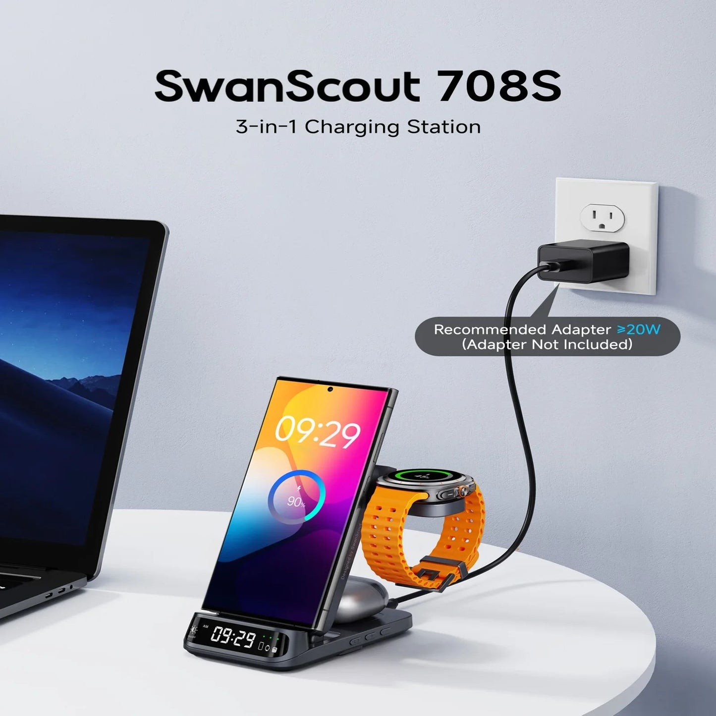 SwanScout 708S Charging Station for Samsung S25 S24 Ultra S23 Z Flip 7 Fold 6 5 Wireless Charger for Galaxy Watch 8 7 for Buds 3
